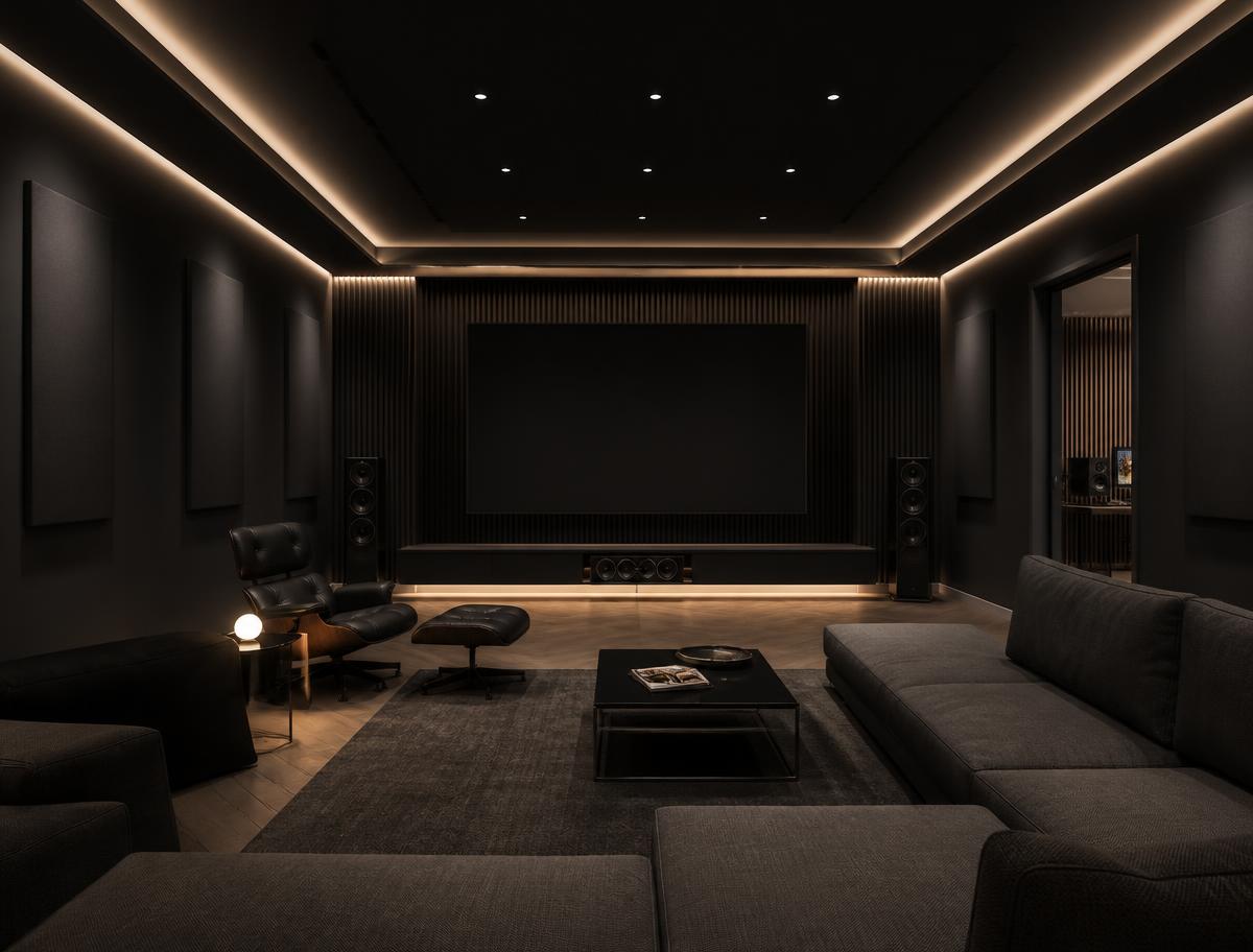 Home theater with dark acoustic wall panels and indirect lighting